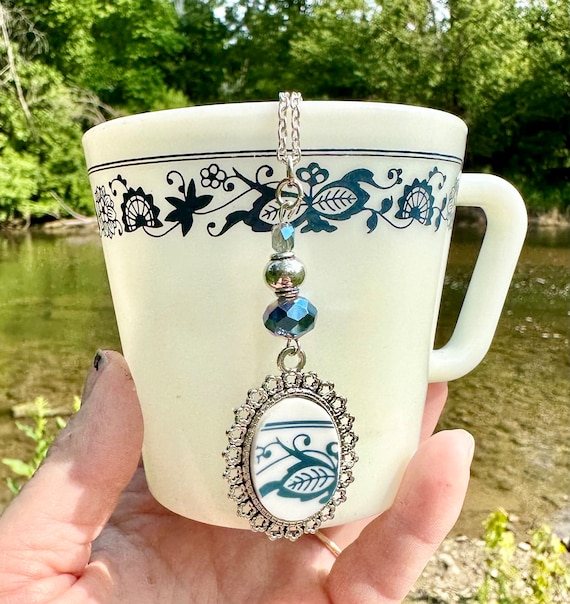 Vintage Corelle Old Town Blue Necklace, Broken China Pendant, Repurposed Jewelry