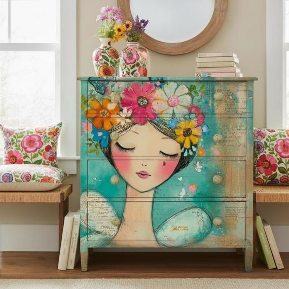 Whimsical Folk Art Lady Portrait, Floral Crown & Blue Butterfly, Mixed Media Digital Print, Teal Turquoise Decoupage Paper, Boho Wall Art