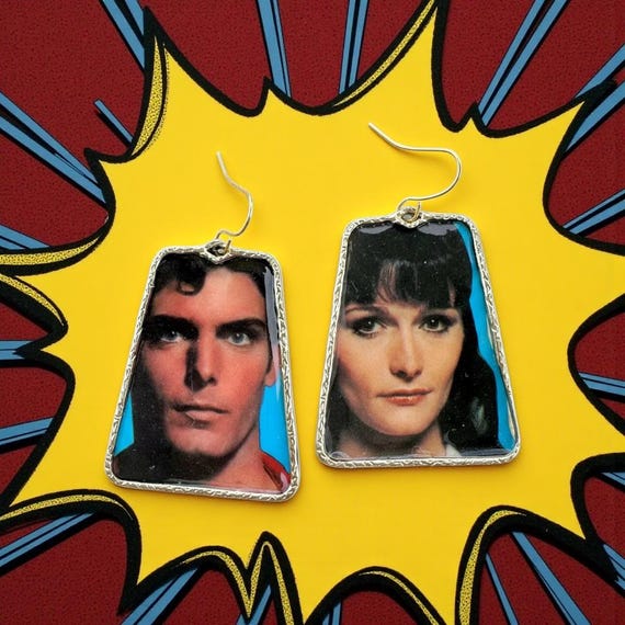 1978 Vintage Superman and Lois Lane Sticker Card Upcycled into One of a Kind Earrings