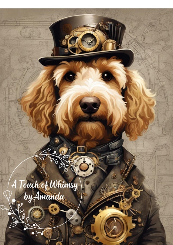 Steampunk Golden Doodle Decoupage Paper | Industrial Dog Tissue | Vintage Furniture Upcycle, Scrapbook & Mixed Media Art