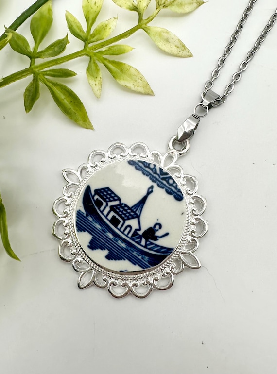 Blue Willow Necklace | Rare Churchill England China | Silver Broken China Pendant | Blue and White Chinoiserie Jewelry | Upcycled Gift