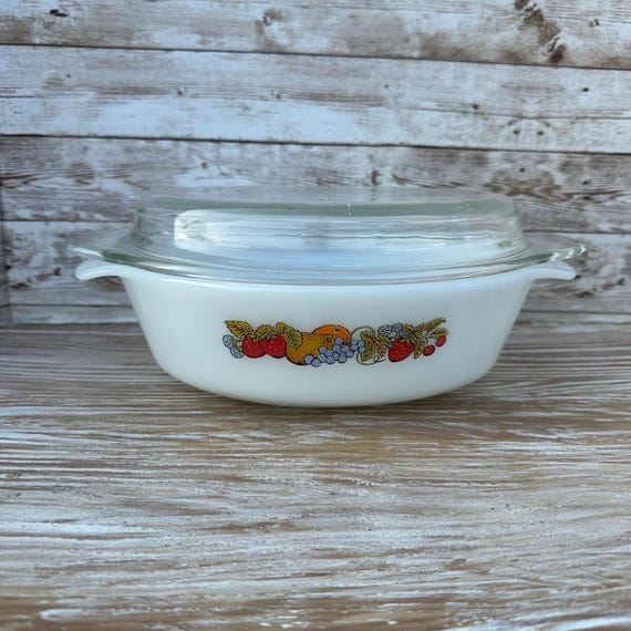 Vintage Anchor Hocking Fire King Casserole Dish #433 Fruit Harvest