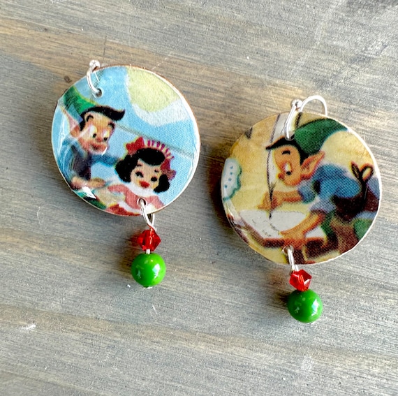 Elf Earrings made from images from Little Golden Book Santa’s Workshop