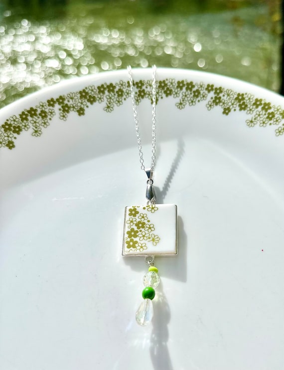 Corelle Spring Blossom Pendant Necklace, Repurposed Jewelry, Broken China