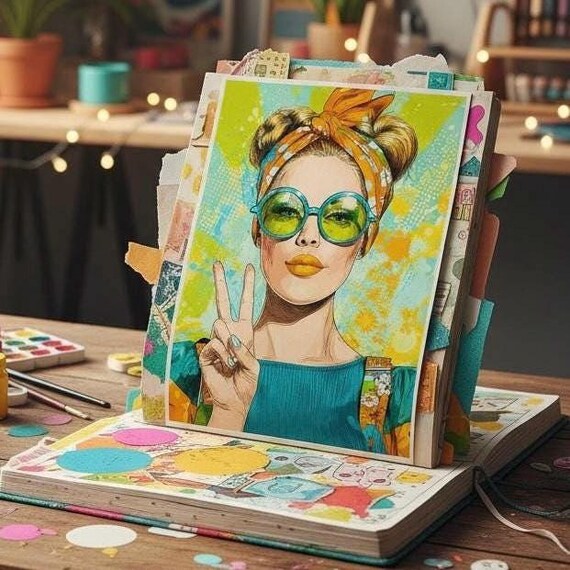 Pop Art Woman Rice Paper, Funky Glasses Decoupage Sheet, Peace Sign Mixed Media A4, DIY Upcycling Supplies, Retro Woman Decorative Paper