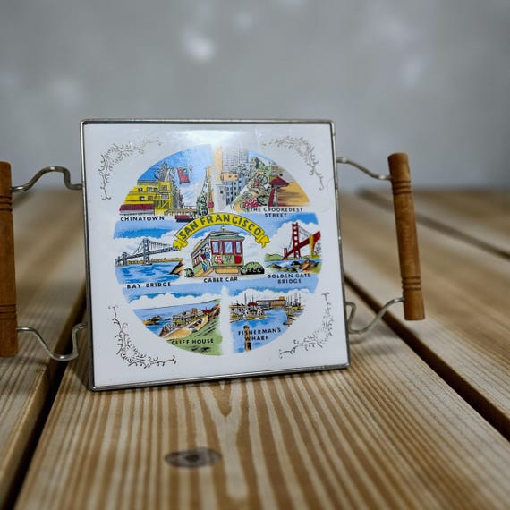 Vintage San Francisco California Trivet Tile  With Brass And Wood Casing
