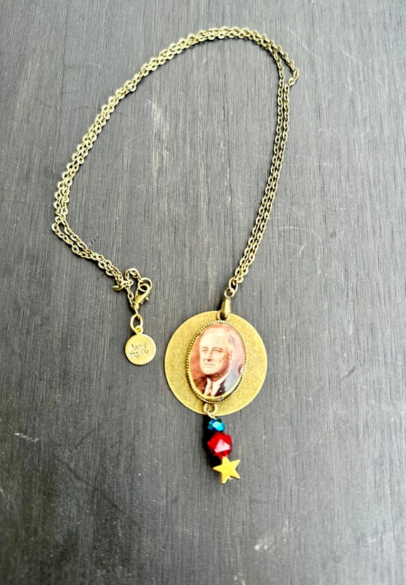Upcycled Franklin D Roosevelt Pendant, Antique Gold Chain, Patriotic Jewelry