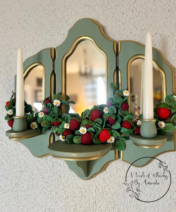 Vintage Wood Candle Sconce with Clay Strawberries and Foliage