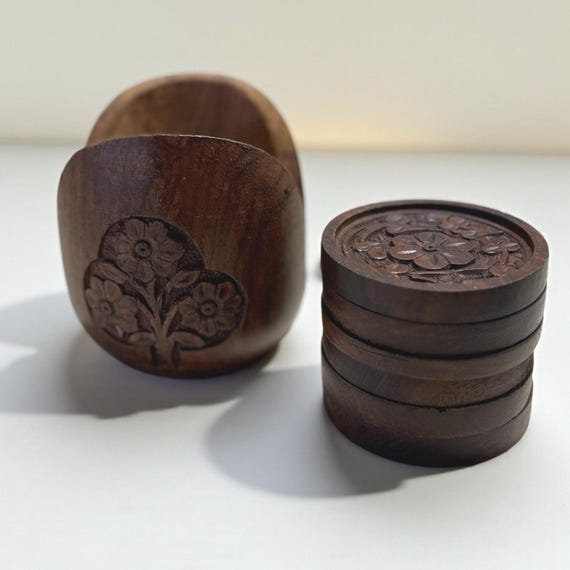 Vtg Hand Carved Indian Wooden Coasters Set Of 5 & Holder Floral Design