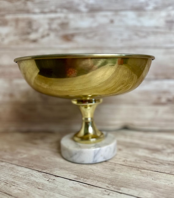 Vintage Brass Pedestal Bowl with Scalloped Edge