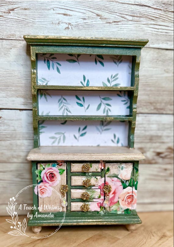 Hand Painted Floral Dollhouse Hutch, 1:12 Scale Miniature