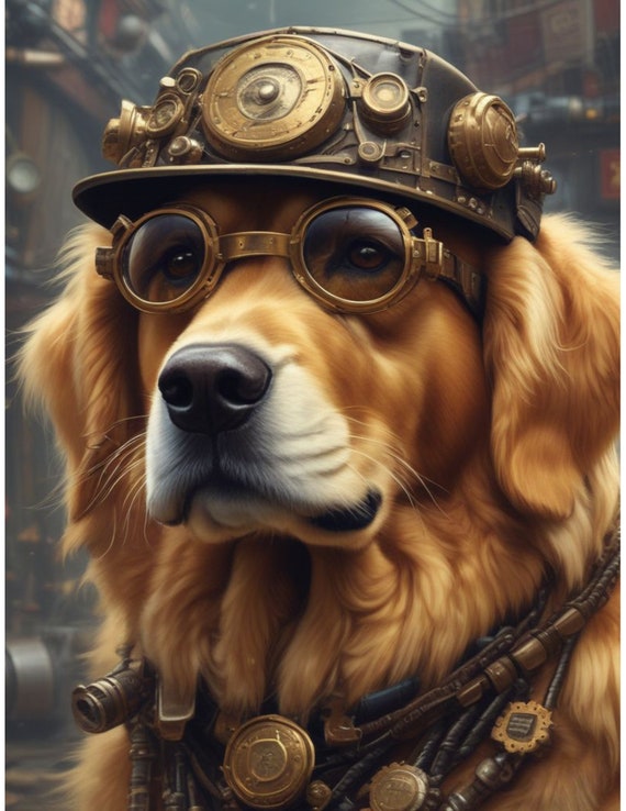 Steampunk Golden Retriever Decoupage Tissue Paper - Dog Goggles - Industrial Gears - Vintage SciFi - Rice Paper - Furniture DIY A4