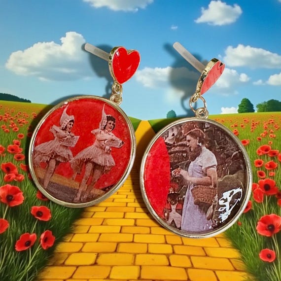 1988 Wizard of Oz  Valentine Statement Gold Earrings Dorthy and Lullabies