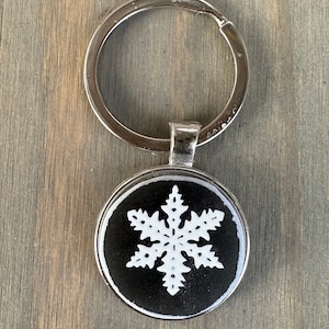 One of a kind Snowflake on Charcoal Pyrex Silver Keychain