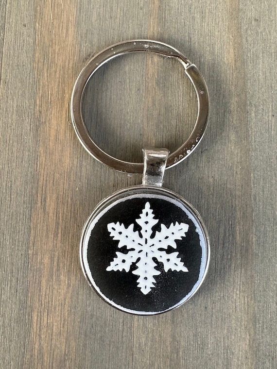 One of a kind Snowflake on Charcoal Pyrex Silver Keychain