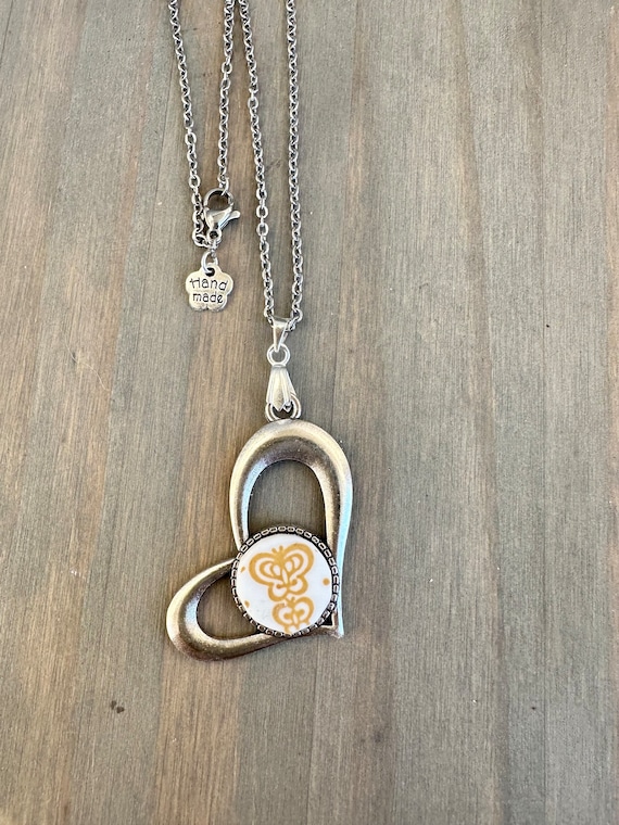 Corelle Butterfly Gold Jewelry, Handmade Repurposed Upcycled,  Broken China Pendant, Silver Heart