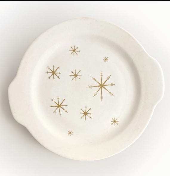 Royal China Star Glow Handled Serving Plate Platter Atomic Gold Stars Ironstone