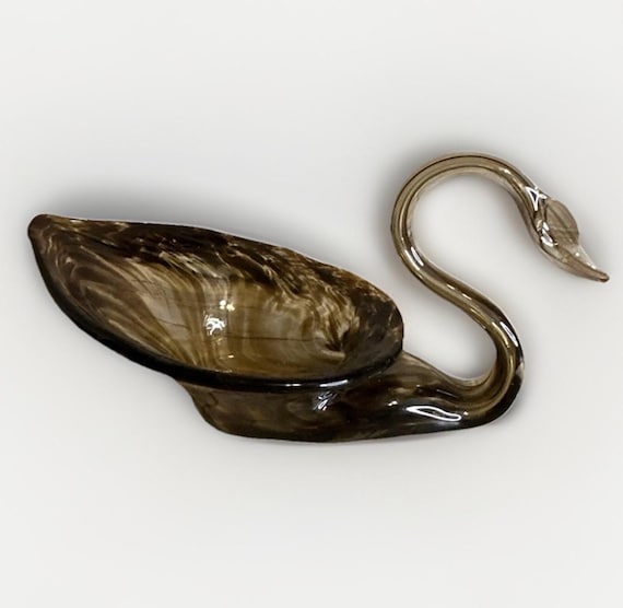 Vintage Amber Art  Glass Brown Swirl Swan Murano (?) Style Candy Dish