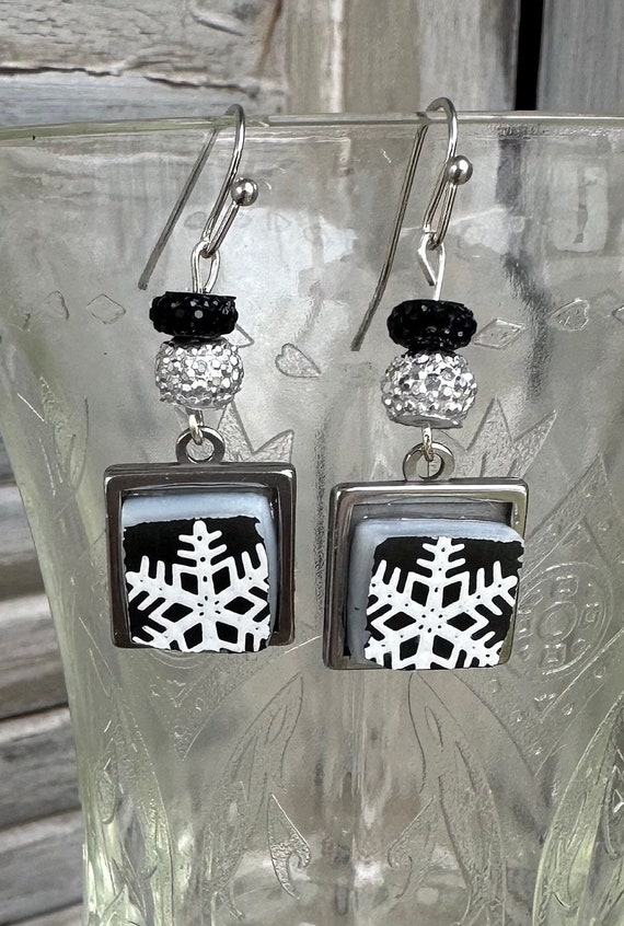 Pyrex Charcoal Snowflake Earrings, Handmade Upcycled Repurposed Broken China Jewelry