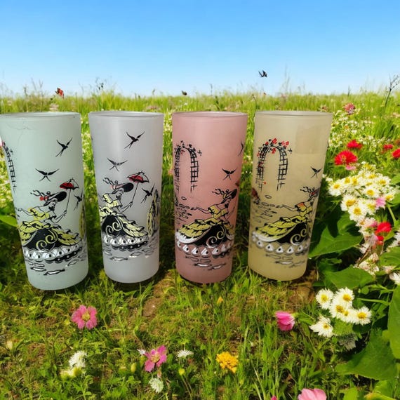 4 Vintage Libbey Cocktail Frosted Southern Belle Glass Collins Victorian 6.5"