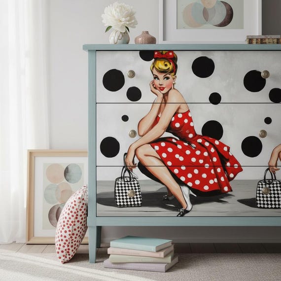 Pin Up Girl Decoupage Paper - 1950s Vintage Retro Art Print, Red Polka Dot Dress, A4 Rice Paper for Furniture, Rockabilly Craft Supply