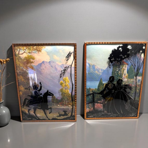 2 Vintage Picture Reverse Painted Black Silhouettes on  Convex Bubble Curved Glass