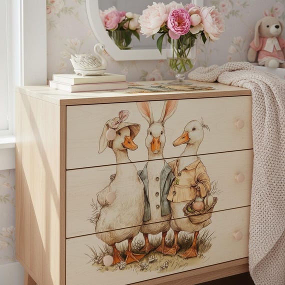 Nursery Easter Duck Decoupage Paper - Whimsical Ducks in Spring Bonnets, A4 Rice or Tissue, Nursery Ducks, DIY Easter Gift