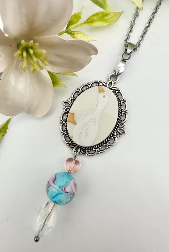 Unique Broken China Necklace made out of 1990s “Aunt Rhody Blue Goose” plate