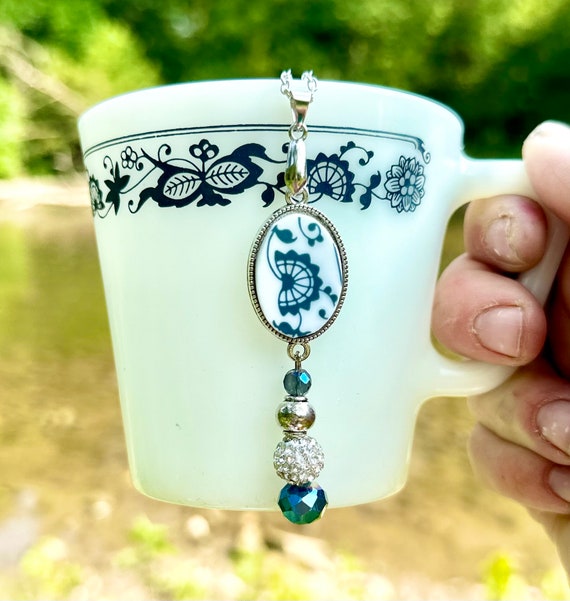 Vintage Old Town Blue Necklace, Handmade Repurposed Upcycled Corelle Broken China Pendant Silver