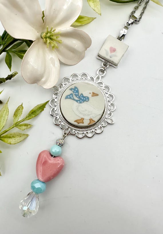Unique Broken China Necklace made out of 1990s “Aunt Rhody Blue Goose” plate