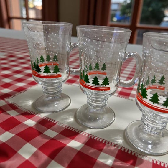 Three - VNTG 1970's Libbey Winter Wonderland Holiday Christmas Clear Footed Glass Mugs Trees Snow