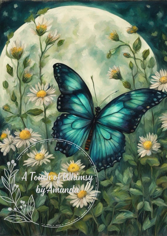 Teal Butterfly Decoupage Paper - Glowing Moon - Night Flowers - Rice Paper Tissue - Celestial Art - Mystical Garden - Furniture DIY A4