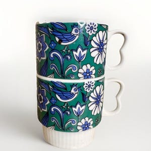 MCM Floral Bird Stacking Coffee Mug, Tea Cup Green 60’s Pattern Japan Vintage 2