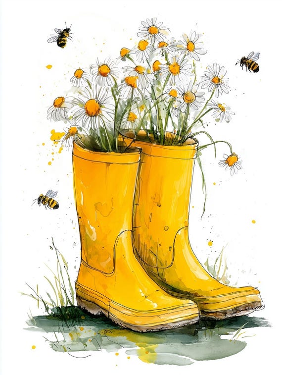 Rain Boots Decoupage Daisies Bees Watercolor A4 Rice Paper