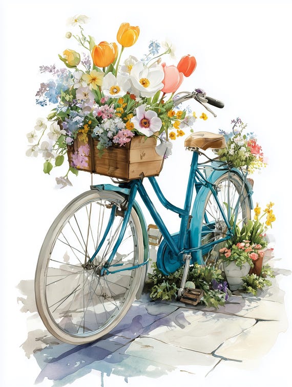 Watercolor of Bicycle with Spring Florals Decoupage Tissue and A4 Rice Paper