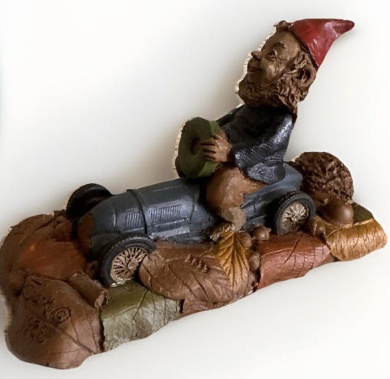 Vintage Tom Clark Gnome On Car Figurine Signed 1983 Collectible Rustic Decor