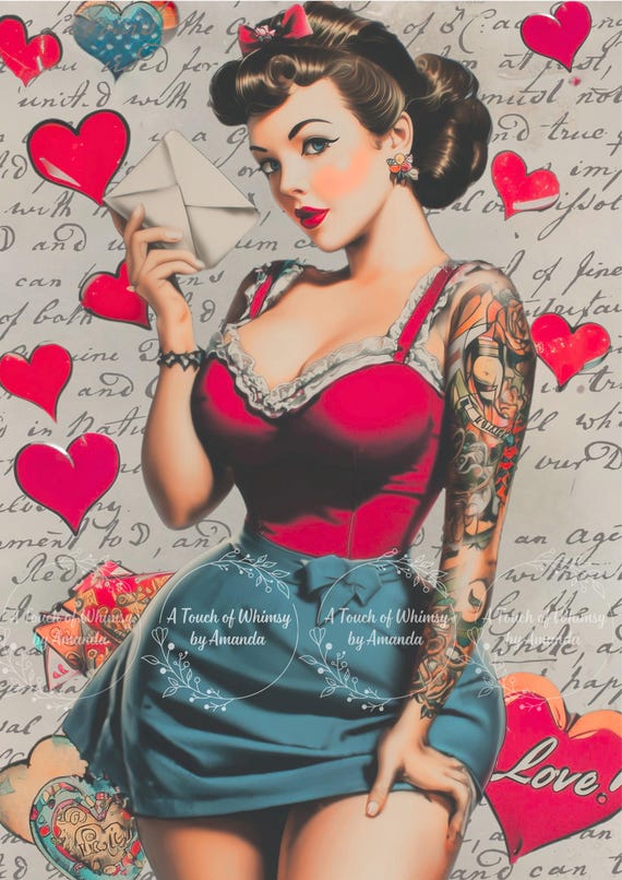 Retro Tattooed Pin Up Girl Art Print Love Letter Valentine Heart l Decoupage Tissue and A4 Rice Paper