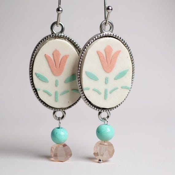 Forever Yours Corelle Plate Earrings, Silver Bezel, Handmade Broken China Jewelry