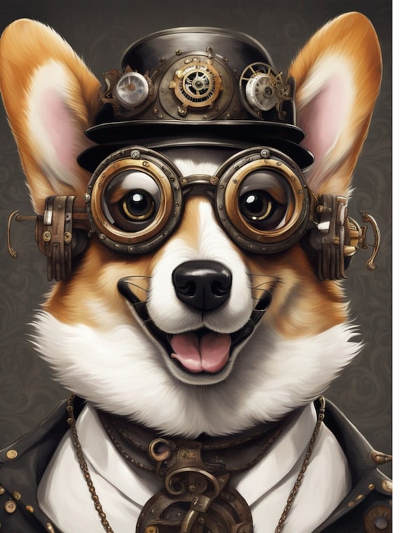 Steampunk Corgi Decoupage Paper - Mechanical Dog - Victorian Gears - Rice Paper Tissue - Cute Aviator - Furniture DIY A4