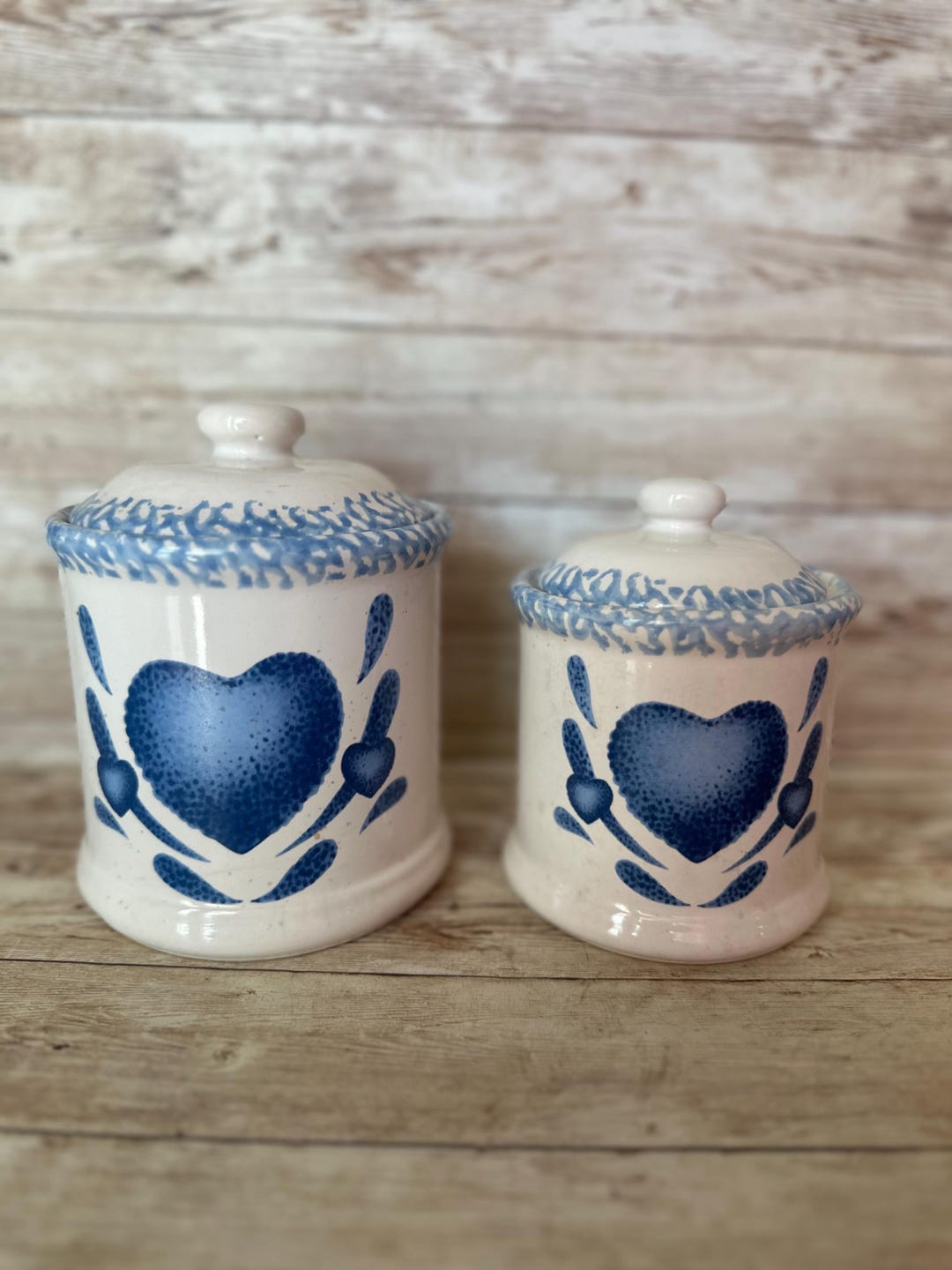 Blue Hearts Stoneware Storage Containers Vintage Set of 2 - Etsy