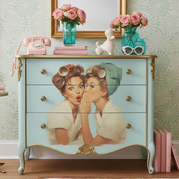 Retro Ladies in Hair Curlers Decoupage Rice Paper A4 - Funny Gossip Art for Furniture Upcycling, Mixed Media & Vintage DIY Home Decor Gift