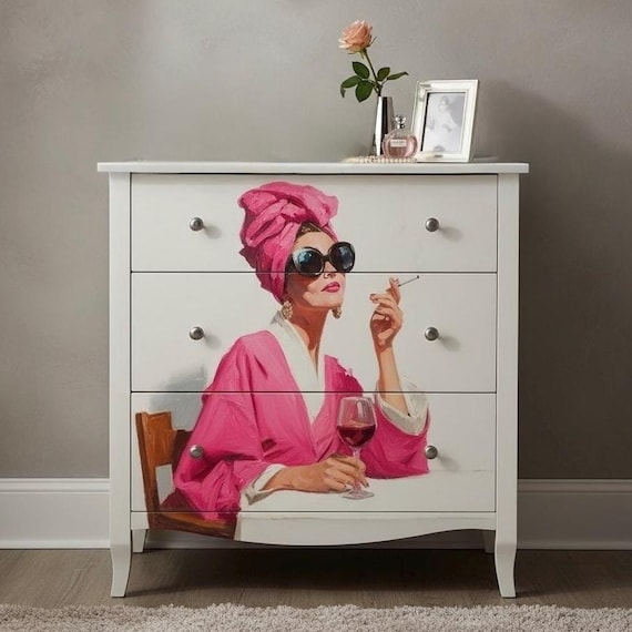 Glamorous Lady with Hair Towel Decoupage Rice Paper A4 - Wine & Sunglasses Art for Furniture Upcycling, Mixed Media Diva DIY Home Decor