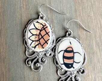 Unique Vintage Correlle Plate Sunblossoms pattern silver bezel earrings