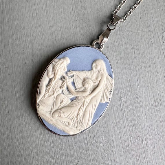 Unique Broken China Necklace - Vintage Blue Wedgwood Jasperware Cupid as Oracle Silver Oval