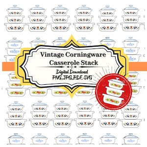 Könnte beinhalten: Digitaler Download mit einer Sammlung von Vintage Corningware Auflaufformen. Die weißen Auflaufformen haben blaue Deckel und dekorative Blumen- und Vogelmuster. Der Text "Vintage Corningware Casserole Stack" ist enthalten.