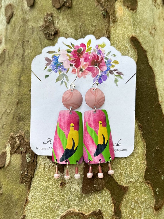 Handmade Flamingo Earrings: Upcycled Cookie Tin, Pink Beads