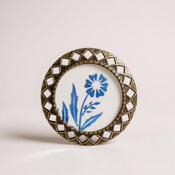 Unique 1970s Blue Cornflower Corningware Gold Bronze brooch