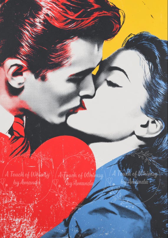 Pop Art Couple Kissing Print  Valentine’s Day, Bold Colorful Decoupage Tissue and A4 Rice Paper