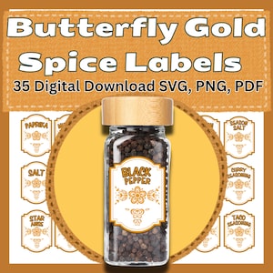 Schmetterling Gold Gewürzetiketten, Vintage Pyrex SVG, Retro 70er Jahre Corelle Pantry Aufkleber, Ernte Gelb Küchen Aufkleber, digitaler Download