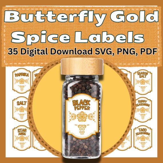 Butterfly Gold Spice Labels, Vintage Pyrex SVG, Retro 70s Corelle Pantry Stickers, Harvest Yellow Kitchen Decal, Digital Download
